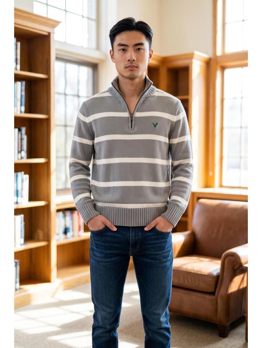 American Eagle Outfitters Striped Quarter Zip Sweater Men’s Gray White Medium - Picture 3 of 6